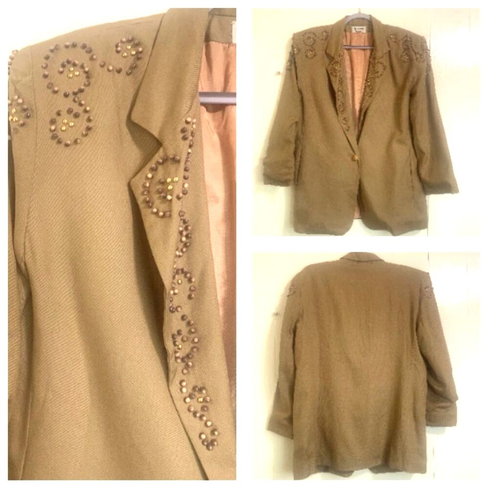 Vintage Giancarlo Ferrari Blazer Size M Olive Linen Pearls Blazer Jacket Button
